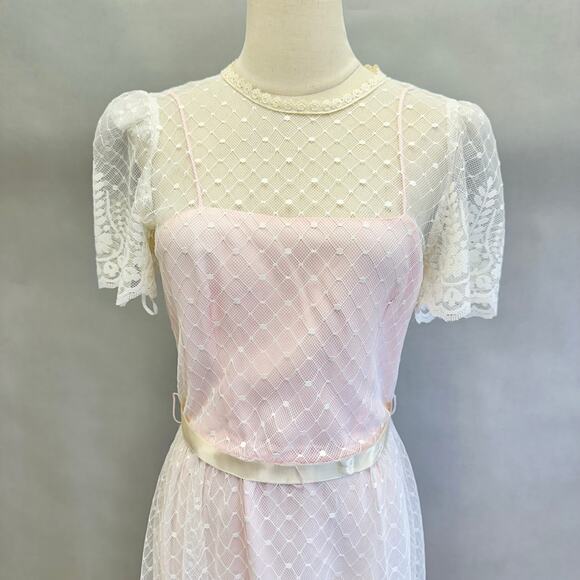 Vintage 70s dot lace overlay taffeta short sleeve midi dress ribbon belt size 11 - Picture 5 of 16